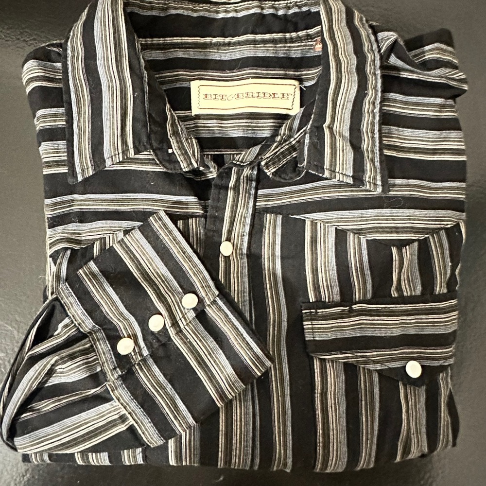 Bit & Bridle Mens XL Western Snap Shirt Black Striped Long Sleeve Pearl Snap